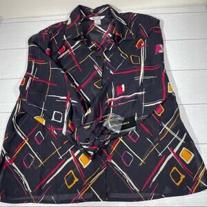 NYGARD COLLECTIONS PETITES Black with Abstract Print Size 14 Button Down Shirt